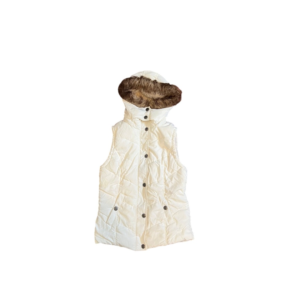 White Quilted Green Tea Puffer Vest Faux Fur Hooded Snap Women's Small